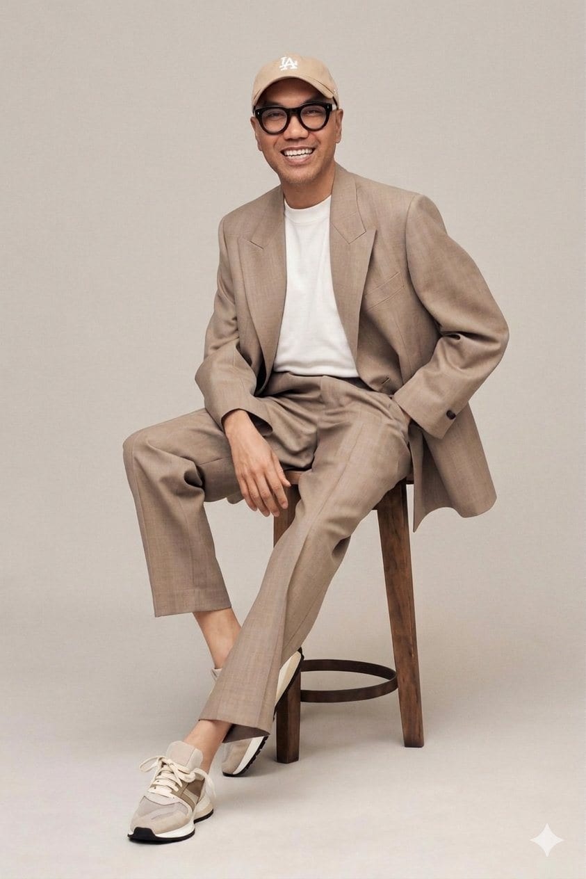 Vincent Calip, seated on a stool, smiling, in a tan suit and cap